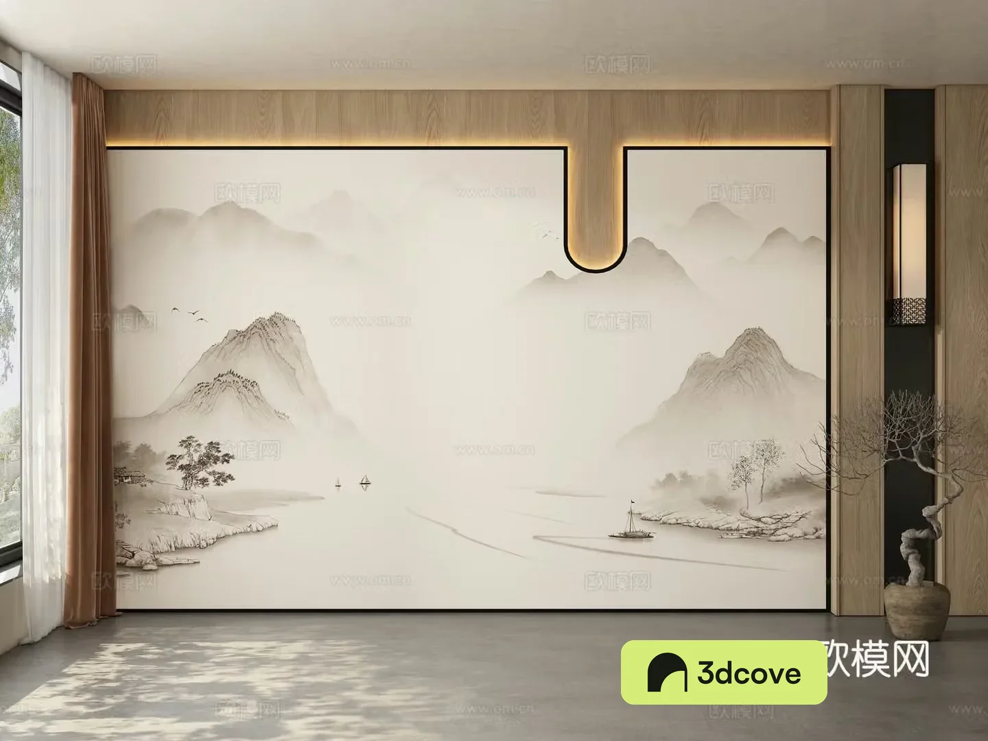 Middle style restaurant tea room living room background wall 3d model