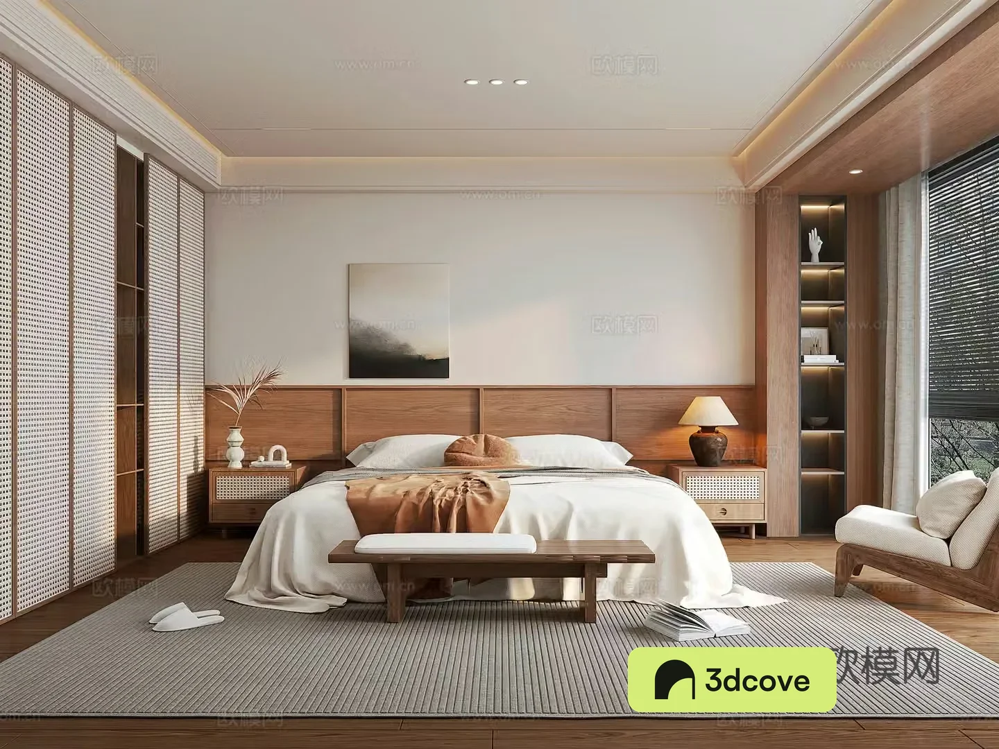 Wasabi Home Bedroom Wasabi Style Fabric Double Bed Rattan Wardrobe Bedside Table Leisure Chair Wasabi 3D Model