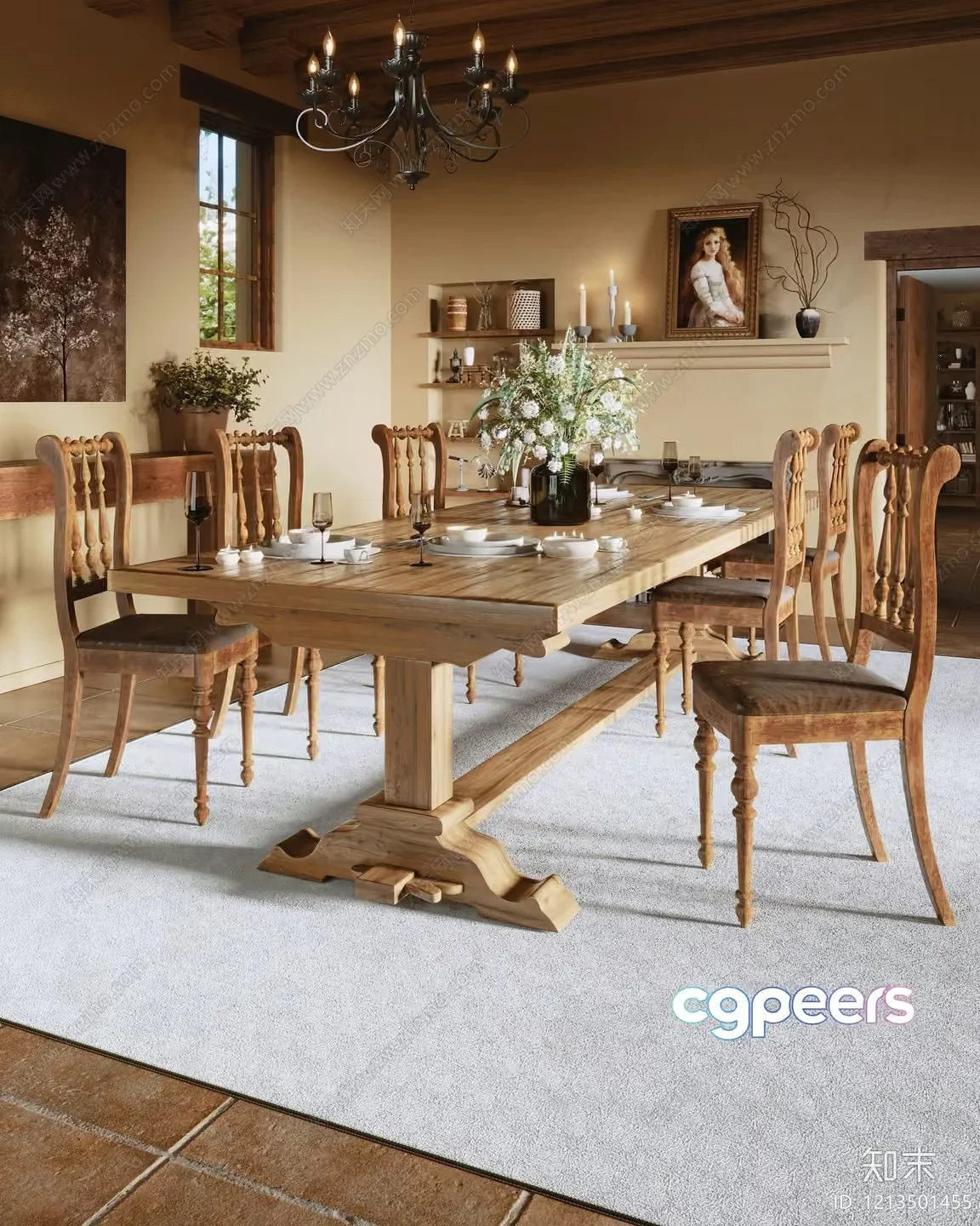 Wooden Dining Table 3D Model – 9542 – VRAY Render