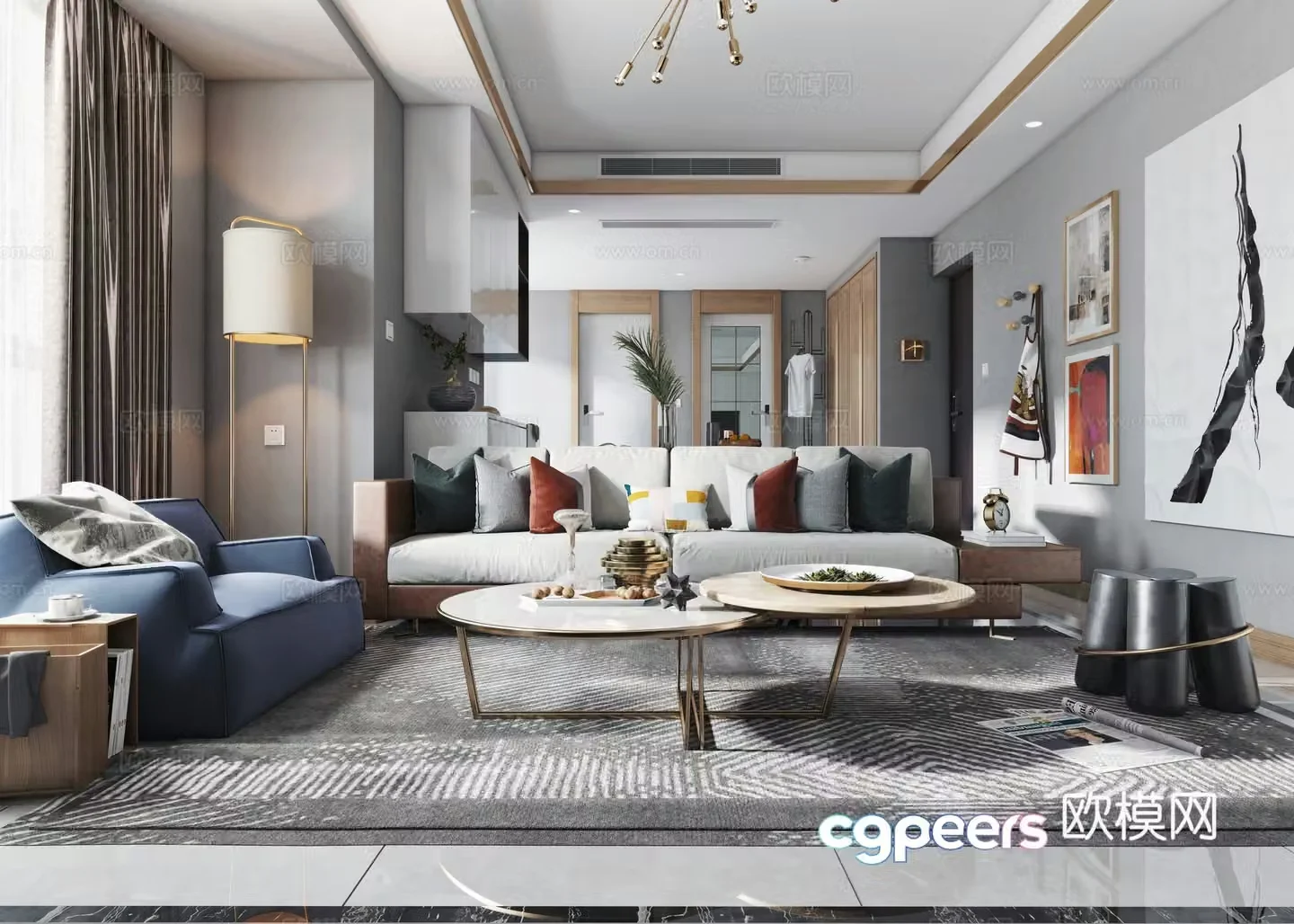 Nordic living restaurant sofa coffee table chandelier hanging painting 3d model