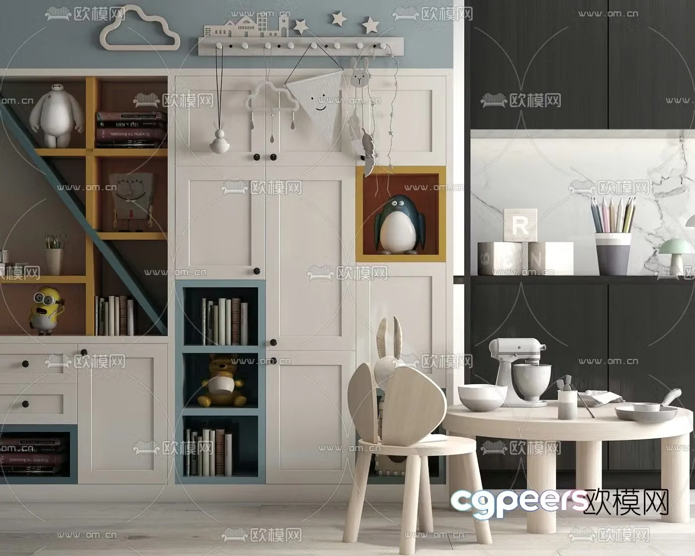 Modern children’s decorative cabinet children’s table and chairs 3d model