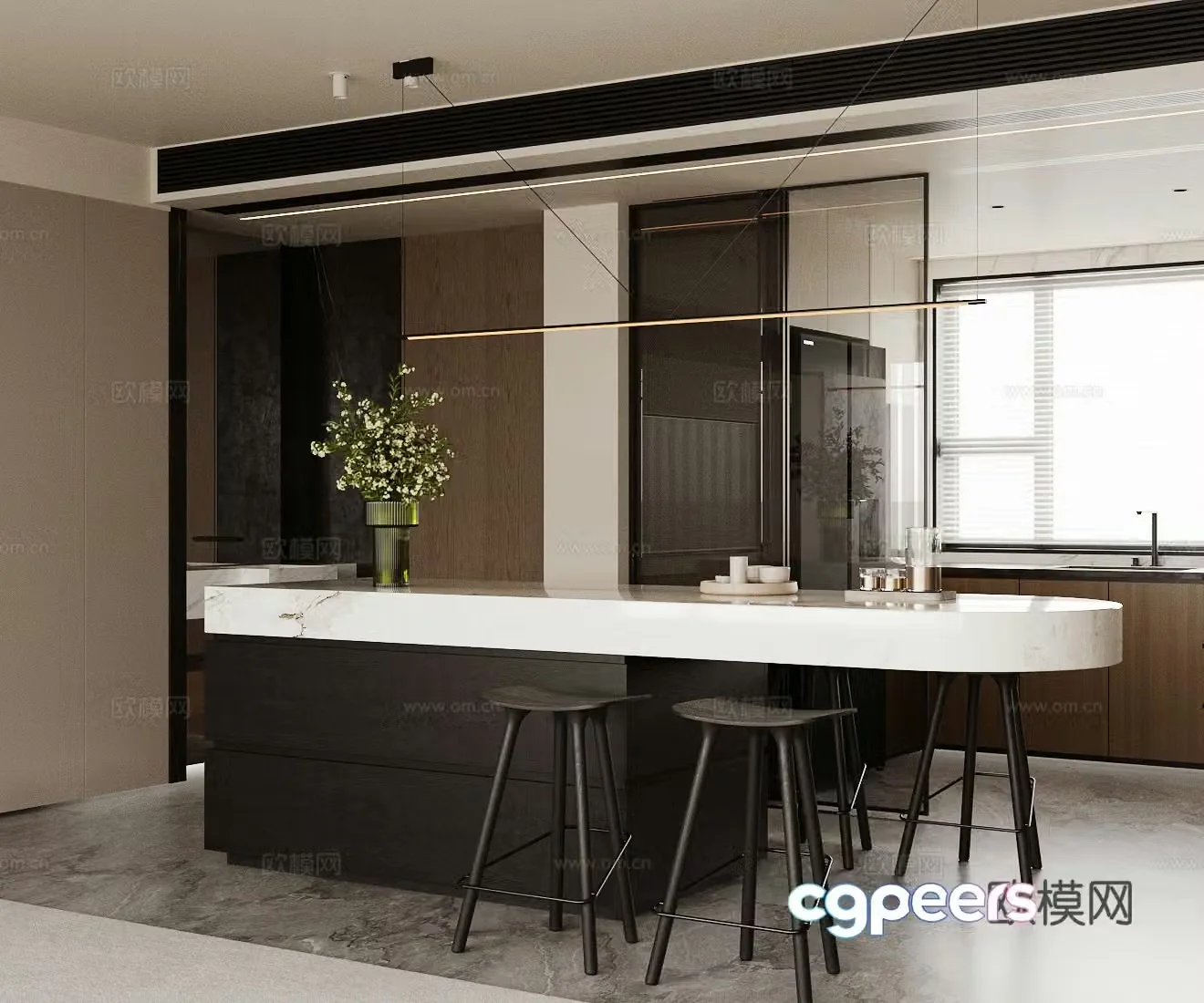 Modern home restaurant Island restaurant Marble dining table Kitchen restaurant Long table restaurant Dining chair 3d model