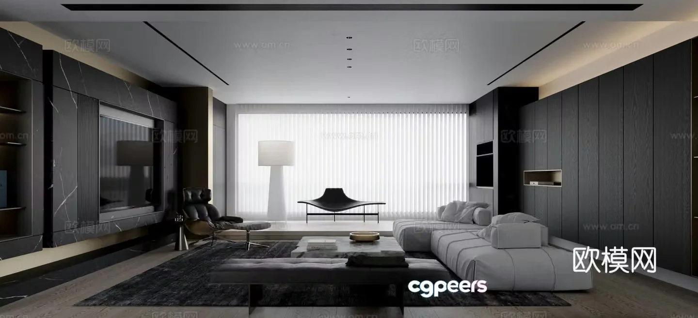 Modern living room black and white and gray living room sofa and coffee table carpet floor lamp 3d model