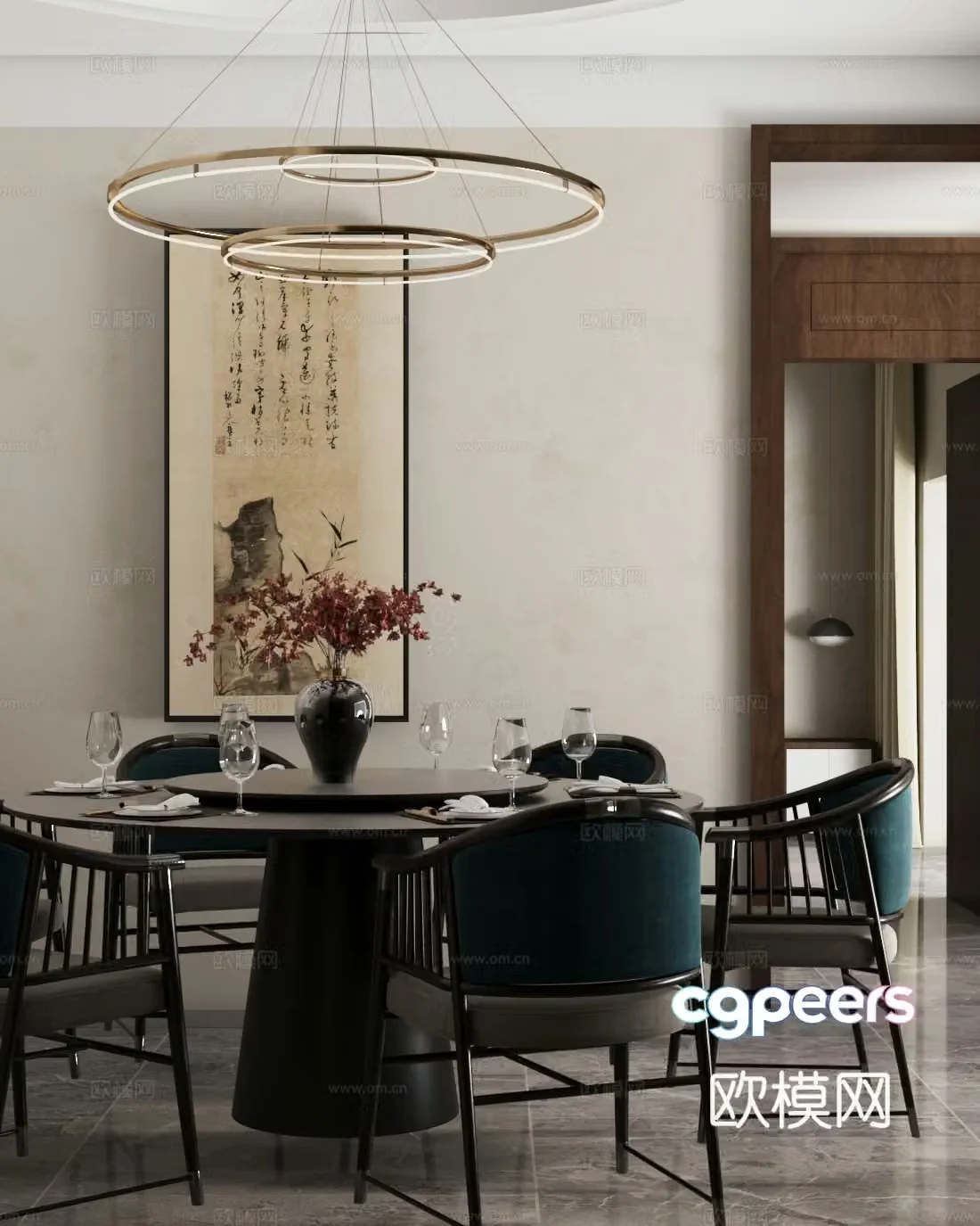 New Chinese restaurant private room private room dining table and chair combination chandelier 3d model