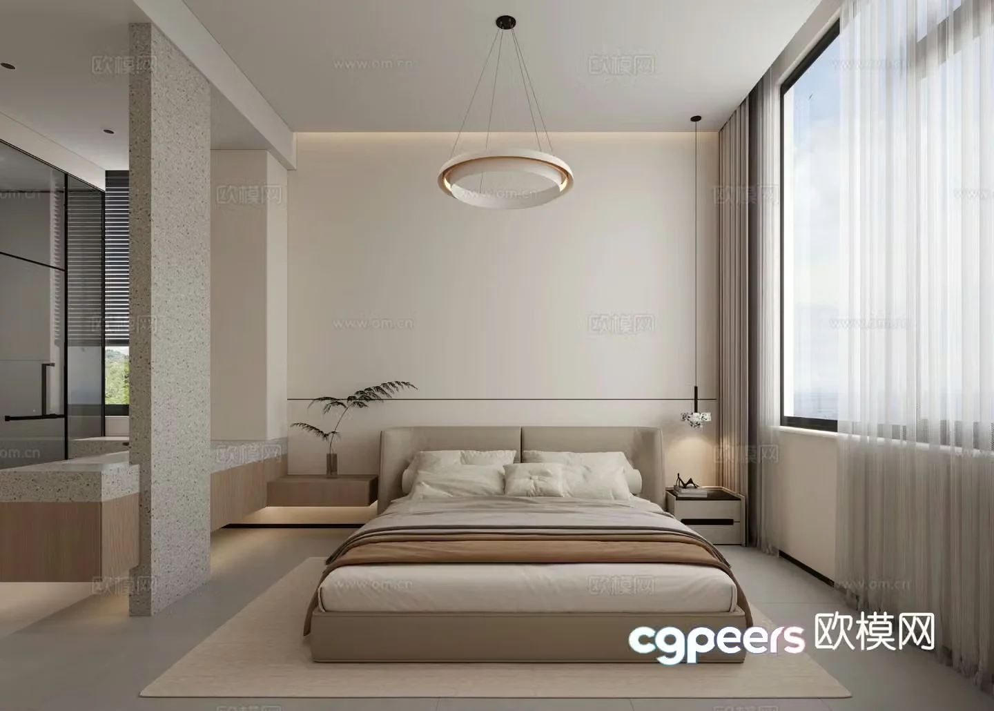 Modern log master bedroom open bathroom 3d model