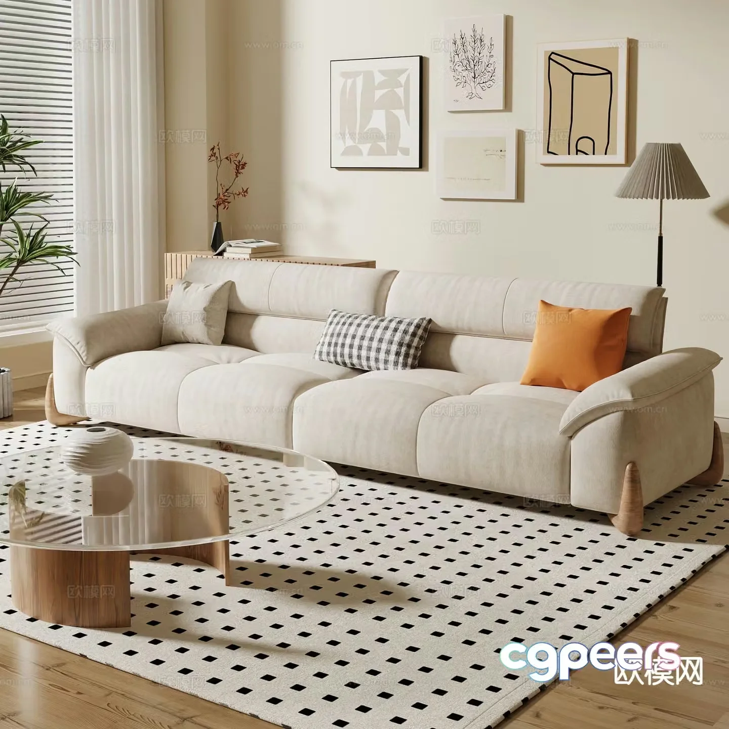 Modern double sofa fabric sofa 3d model