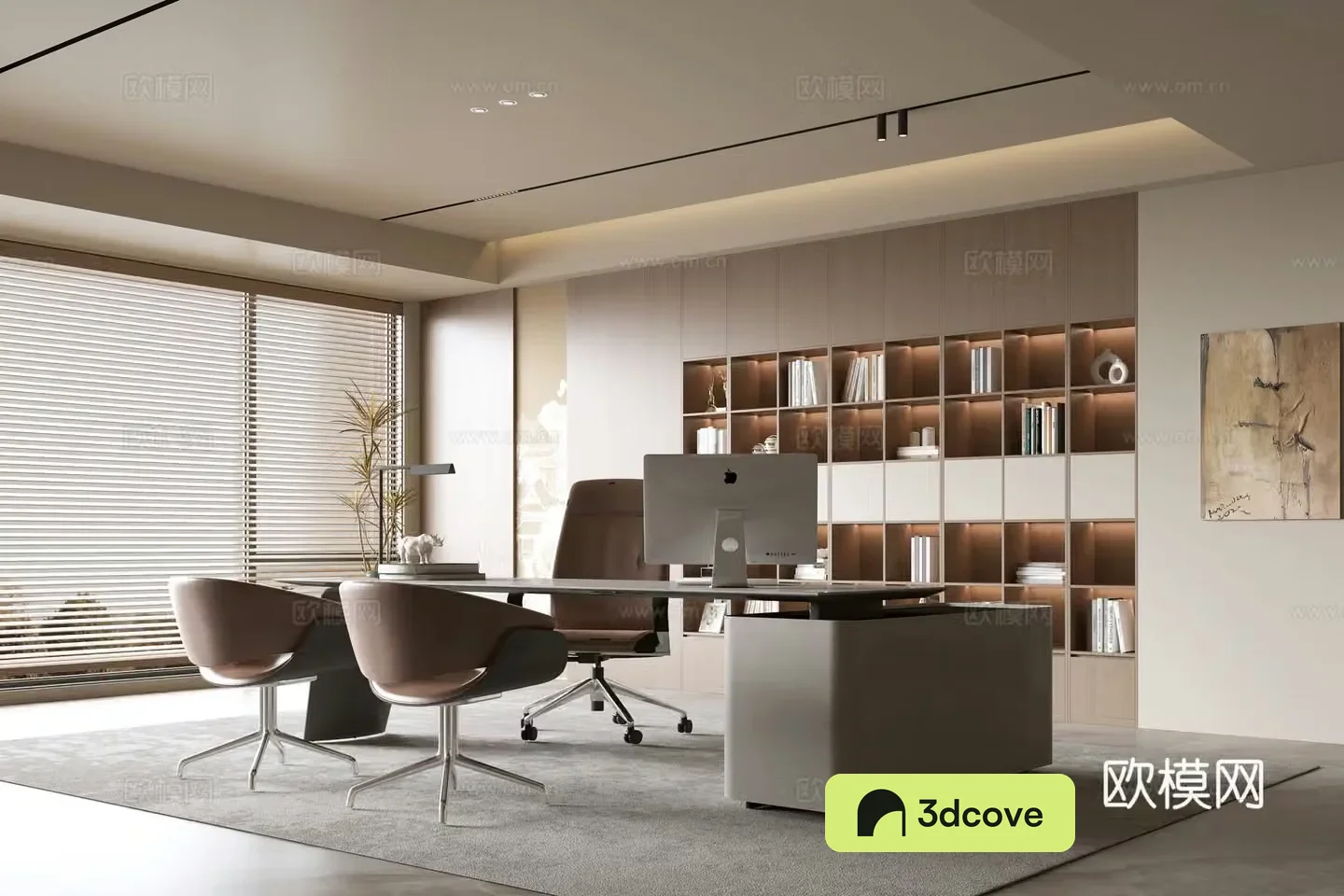 Middle style office background wall bookcase office bookcase bookcase background wall solid wood desk 3d model