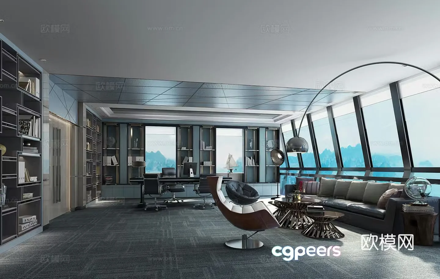 Modern new Chinese style manager room sofa coffee table combination 3D model