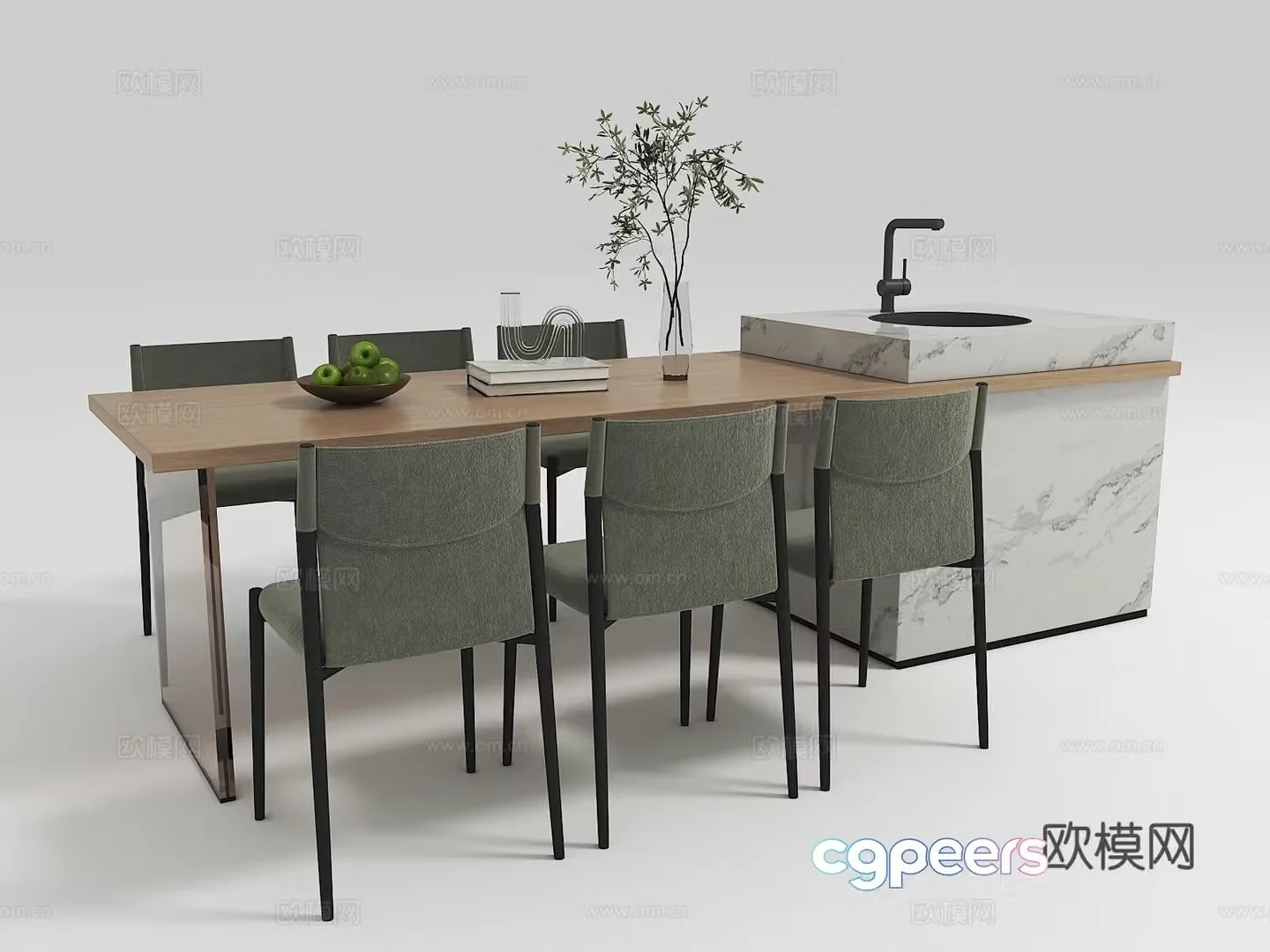 Island dining table and chairs solid wood dining table 3d model