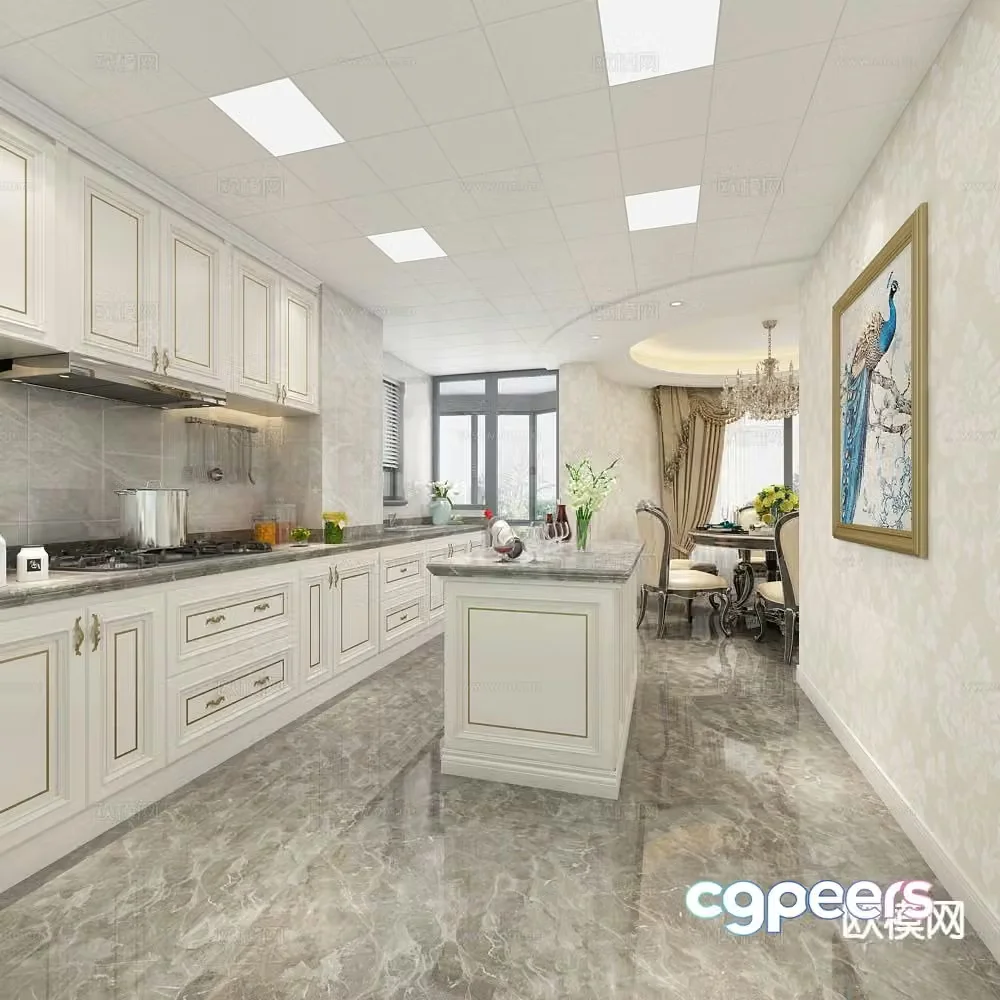 European style island kitchen 3d model