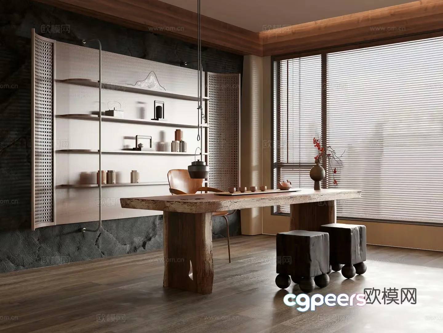 Chinese tea room solid wood tea table solid wood single chair solid wood square stool tea cabinet tea set combination 3D model