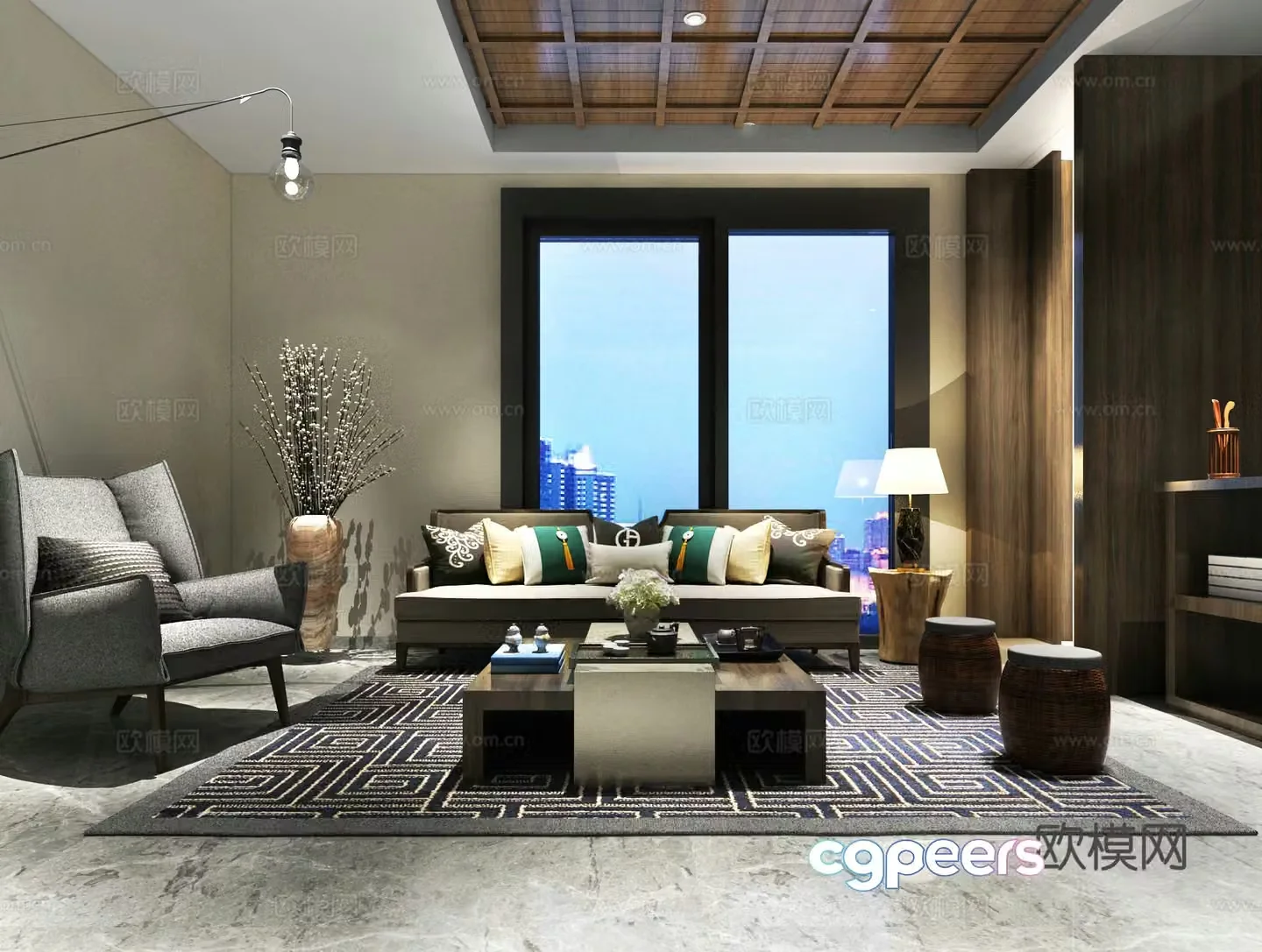 New Chinese living room combination sofa three-person sofa leisure chair vase decoration 3D model