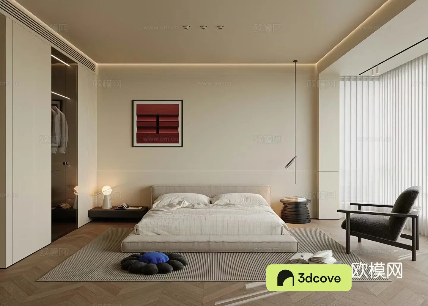 Wasabi minimalist bedroom master light-free bedroom master bedroom elderly room fabric double bed chandelier 3d model