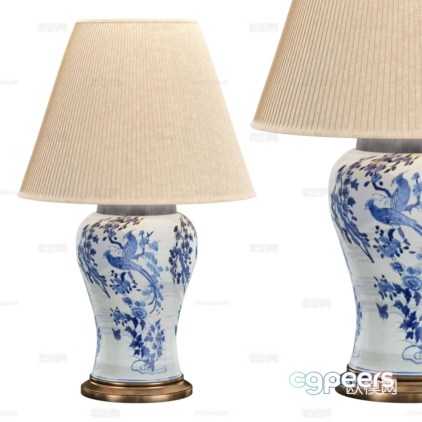 New Chinese style Blythe blue and white porcelain desk lamp 3D model