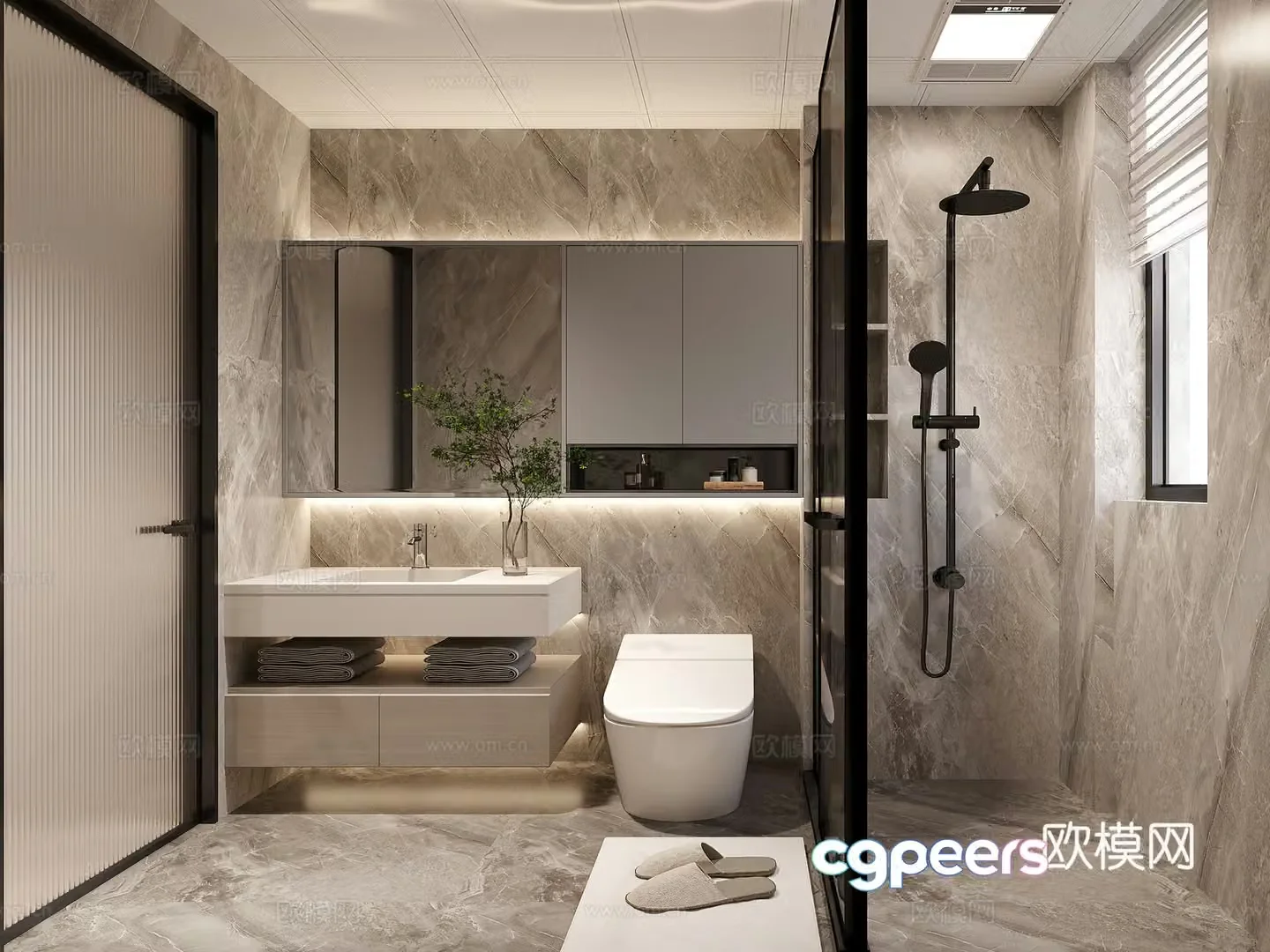 Creamy minimalist bathroom aluminum buckle ceiling 3d model