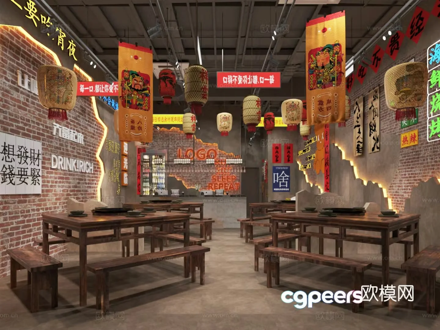 Industrial style barbecue restaurant 3d model