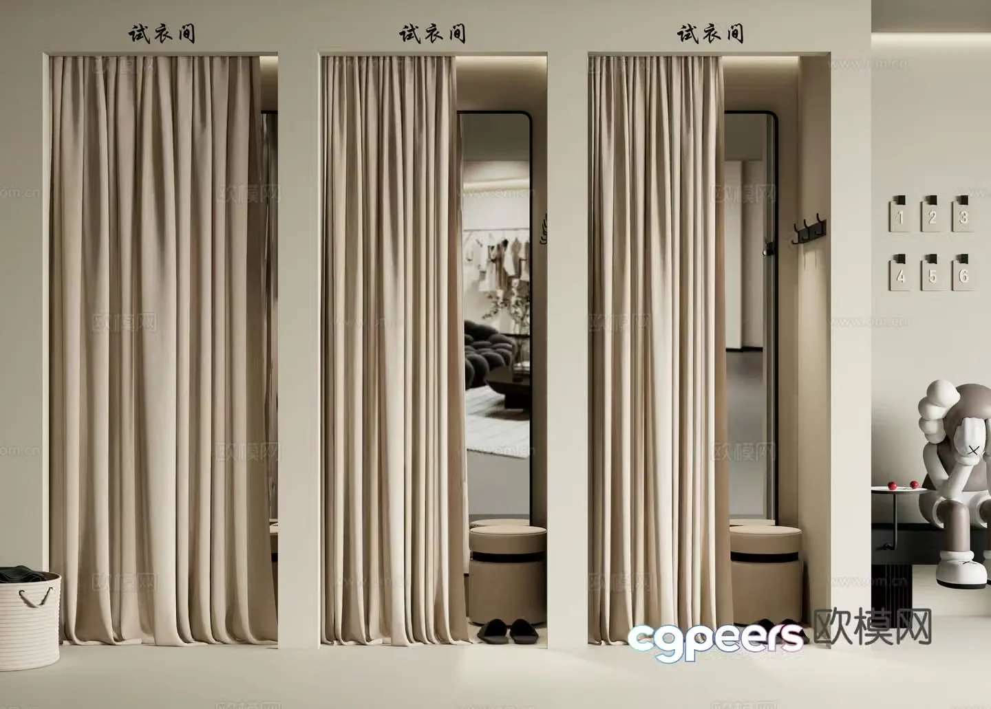 Modern dressing room Clothing store fitting room Dressing room Dressing curtain Floor-to-ceiling mirror 3D model