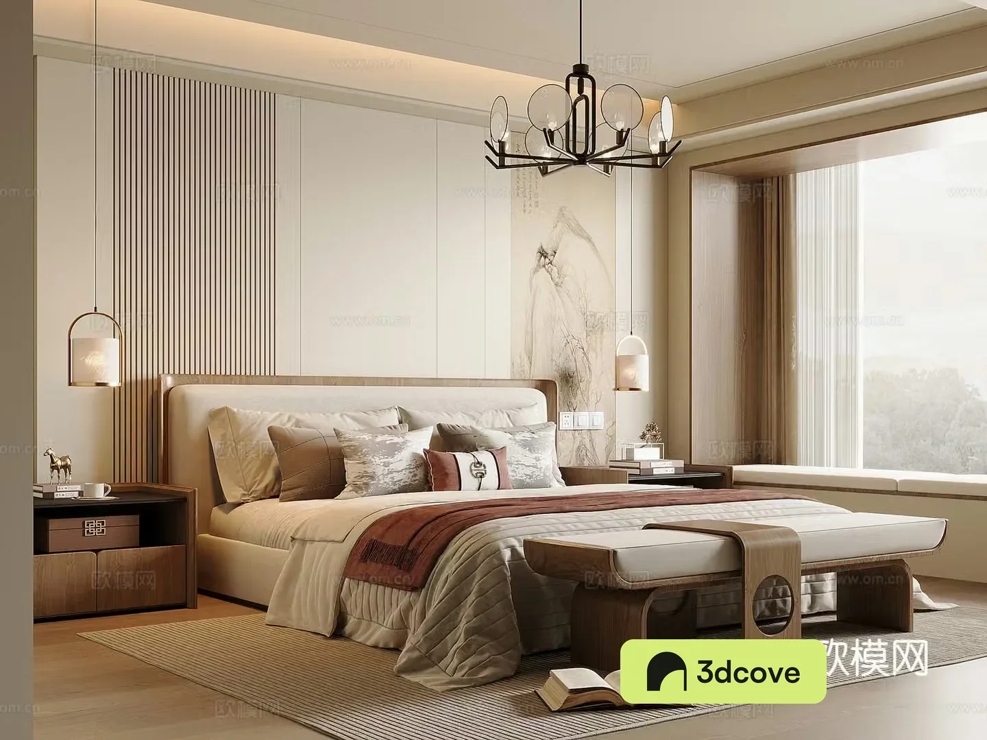 New Chinese style bedroom Song style solid wood double bed nightstand bed end stool Chinese style chandelier