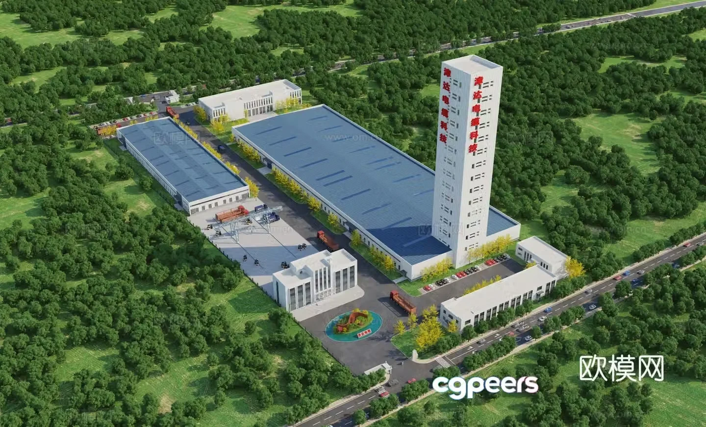 Aerial view 3d model of modern factory building