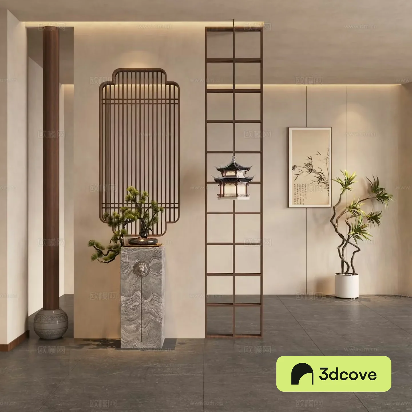 New Chinese style partition entrance partition sculpture green bonsai