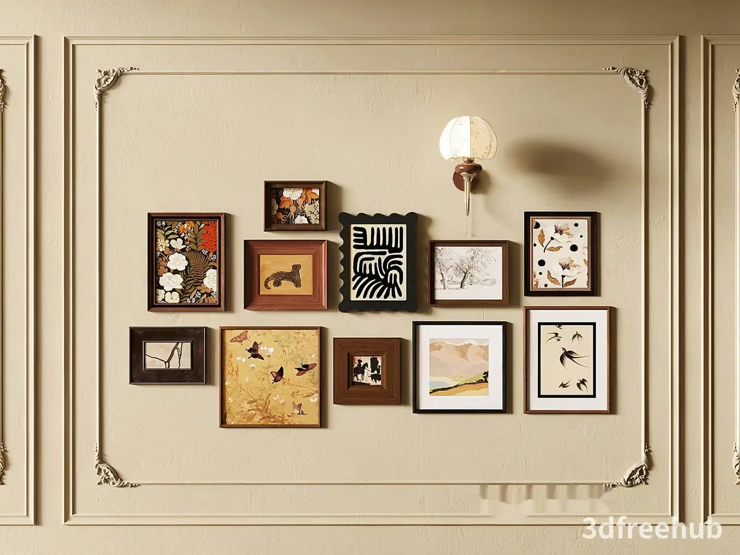 A Wall With Framed Pictures 3D Model – 23617 – VRAY Render