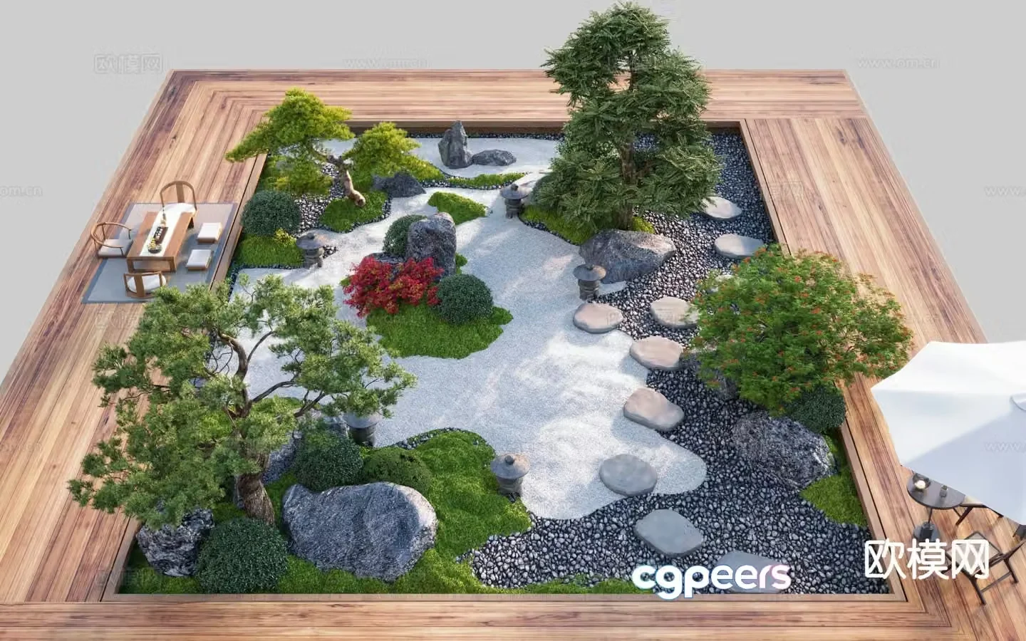 New Chinese Zen courtyard welcoming pine podocarpus 3D model