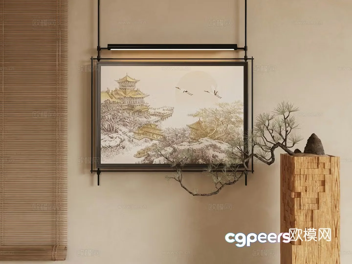 New Chinese style decorative paintings metal pole hanging paintings architectural paintings 3D model