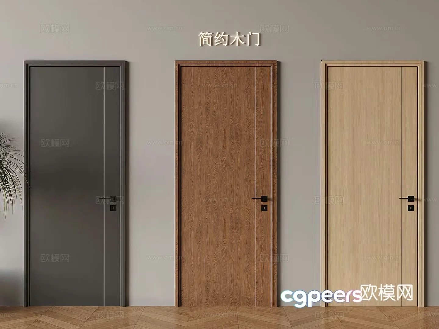 Medium style solid wood single door modern simple swing door 3D model
