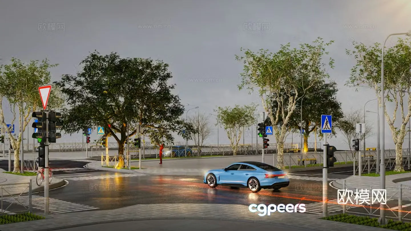 Road Pedestrian Landscape Tree Car Sports Car Pavement 3D Model