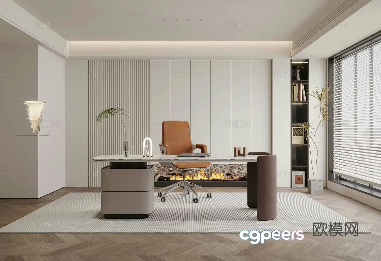 Modern minimalist study room bookcase desk and chair 3d model