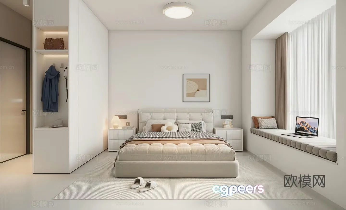 Modern minimalist creamy bedroom 3d model