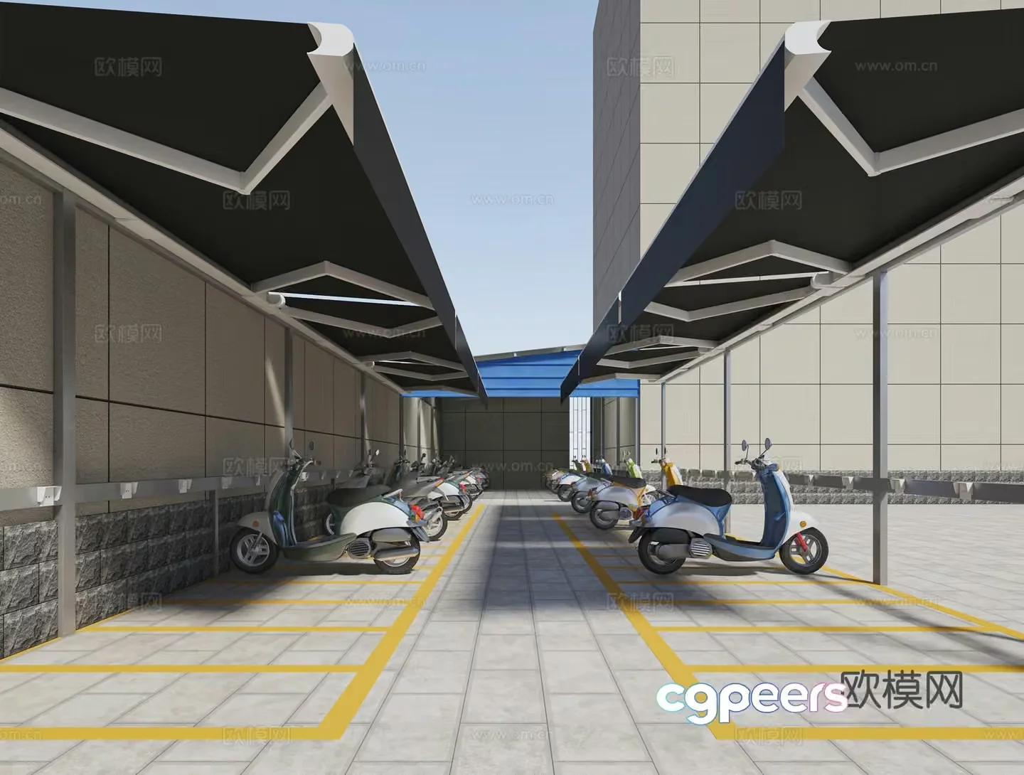 A Parking Lot With Scooters 3D Model – 20105 – VRAY Render