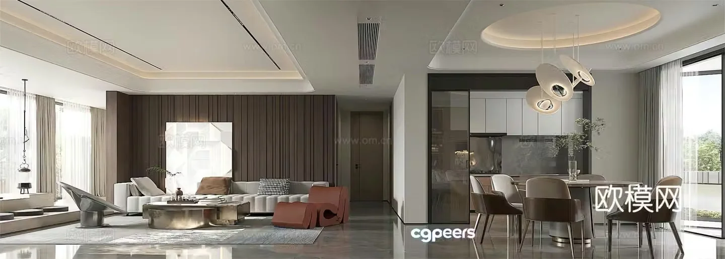 Modern living and dining room sofa coffee table Italian light luxury living and dining room large flat floor living and dining room horizontal living room 3D model