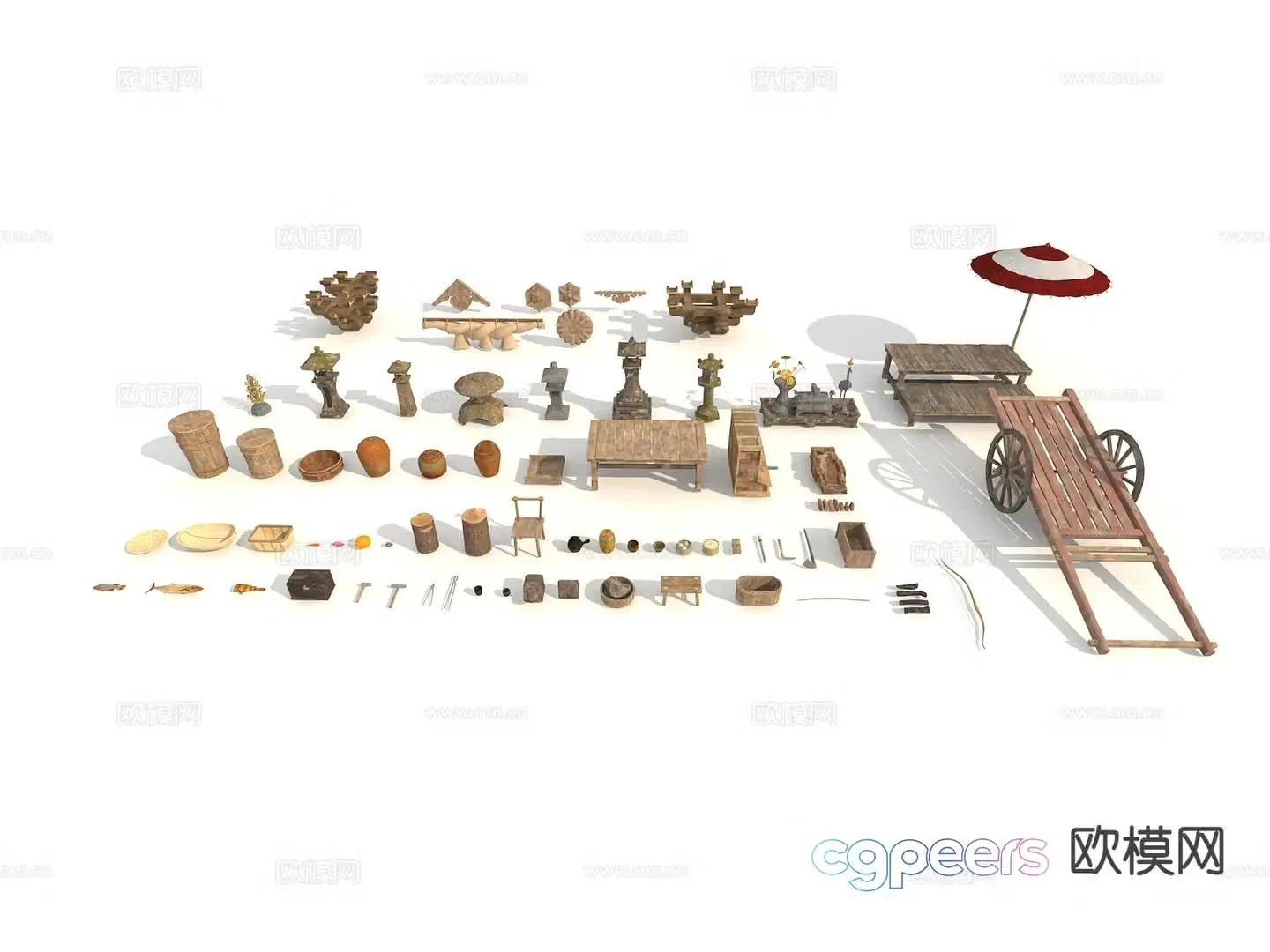 Folk sketches agricultural tools and ornaments 3D model of trolley