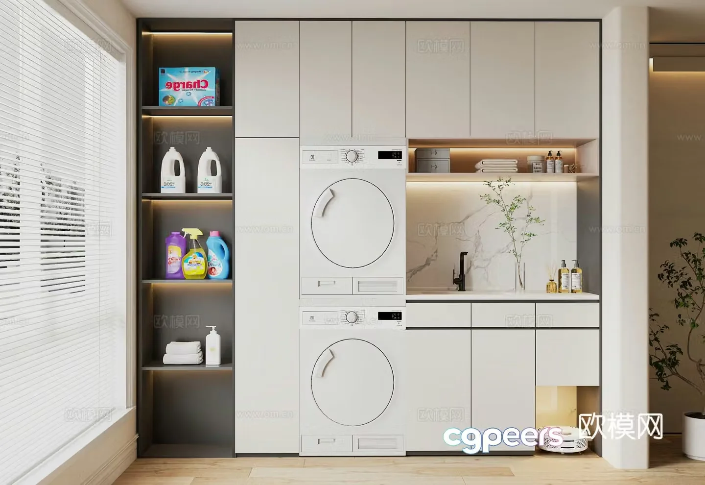 Modern balcony washing machine cabinet washing machine sweeping robot green plant potted 3D model
