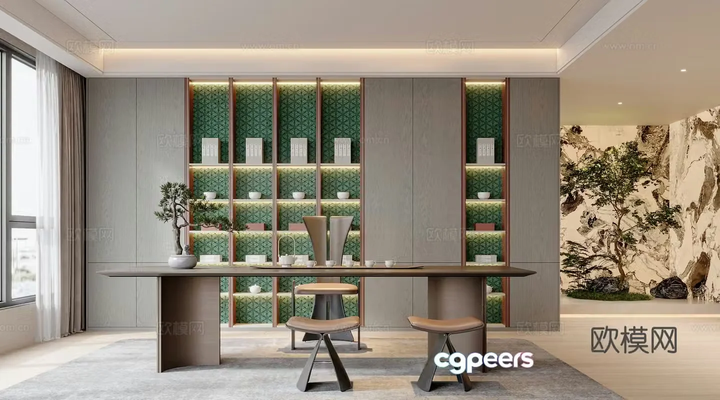 New Chinese-style tea room tea table and chair combination 3D model