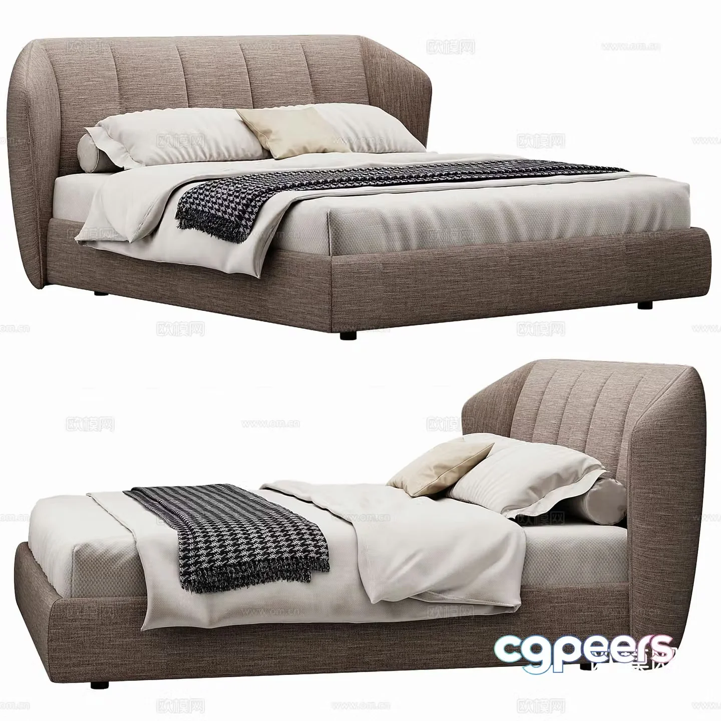 Modern Double Bed Fabric Double Bed Bedroom Bed Frame Bedding Bedding Pillow Holding 3D Model
