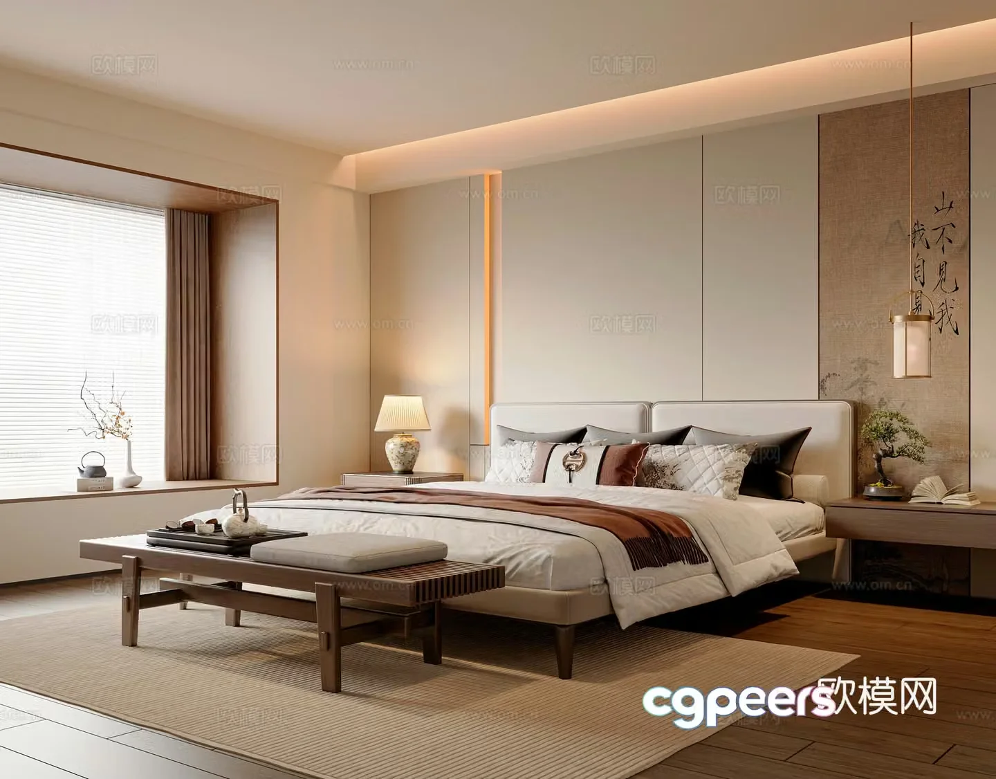 New Chinese style bedroom Master bedroom New Chinese style double bed New Chinese style bedside table New Chinese style bedside stool 3D model