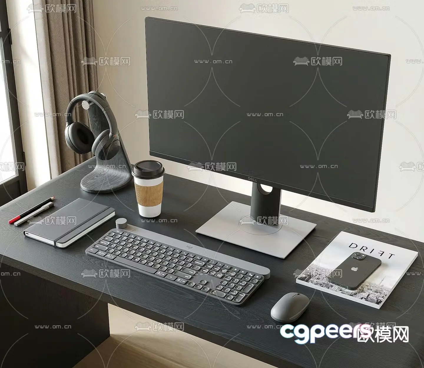 Office supplies computer keyboard mouse notebook mobile phone 3d model