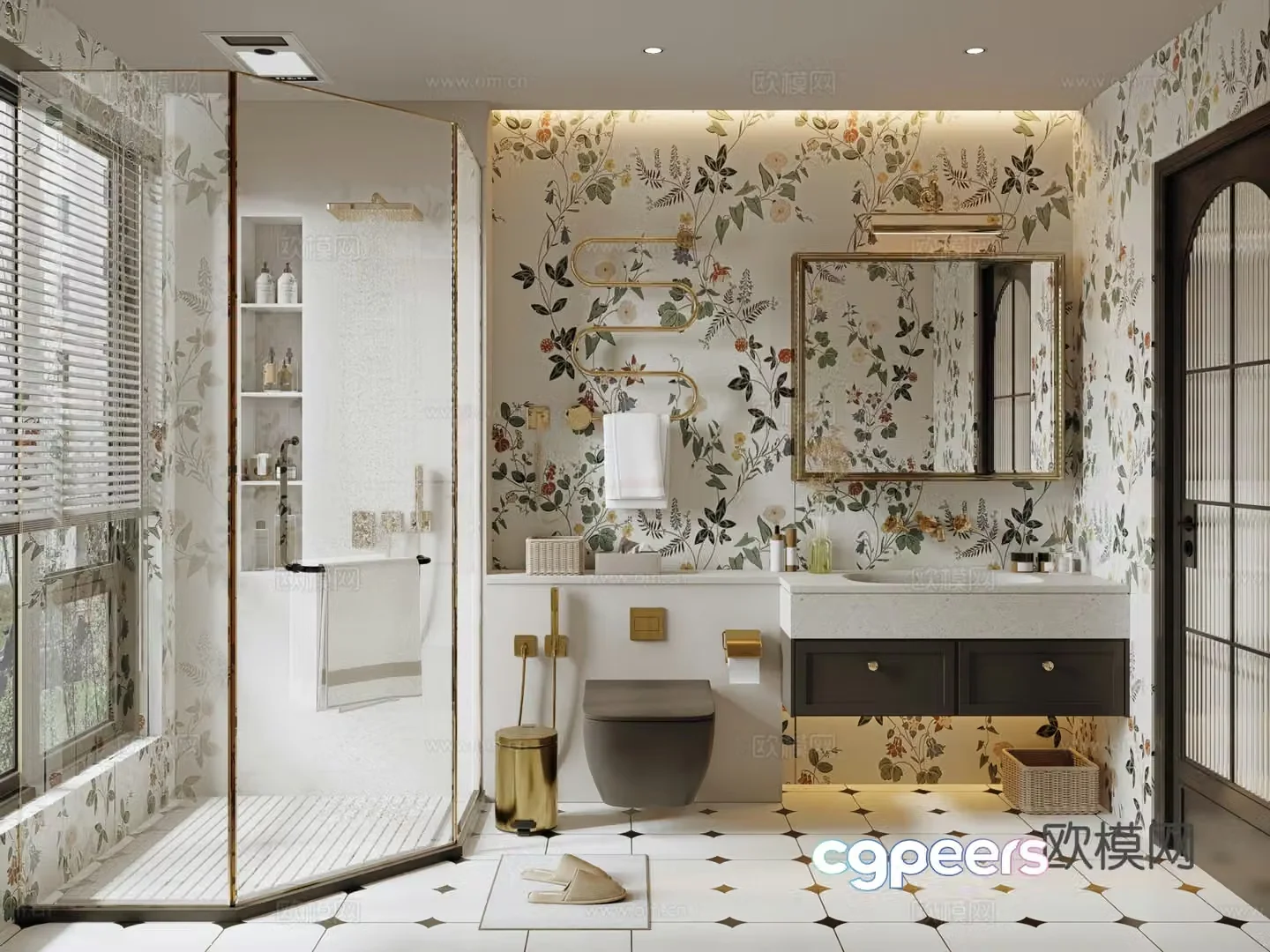 French cream bathroom wet and dry bathroom 3d model