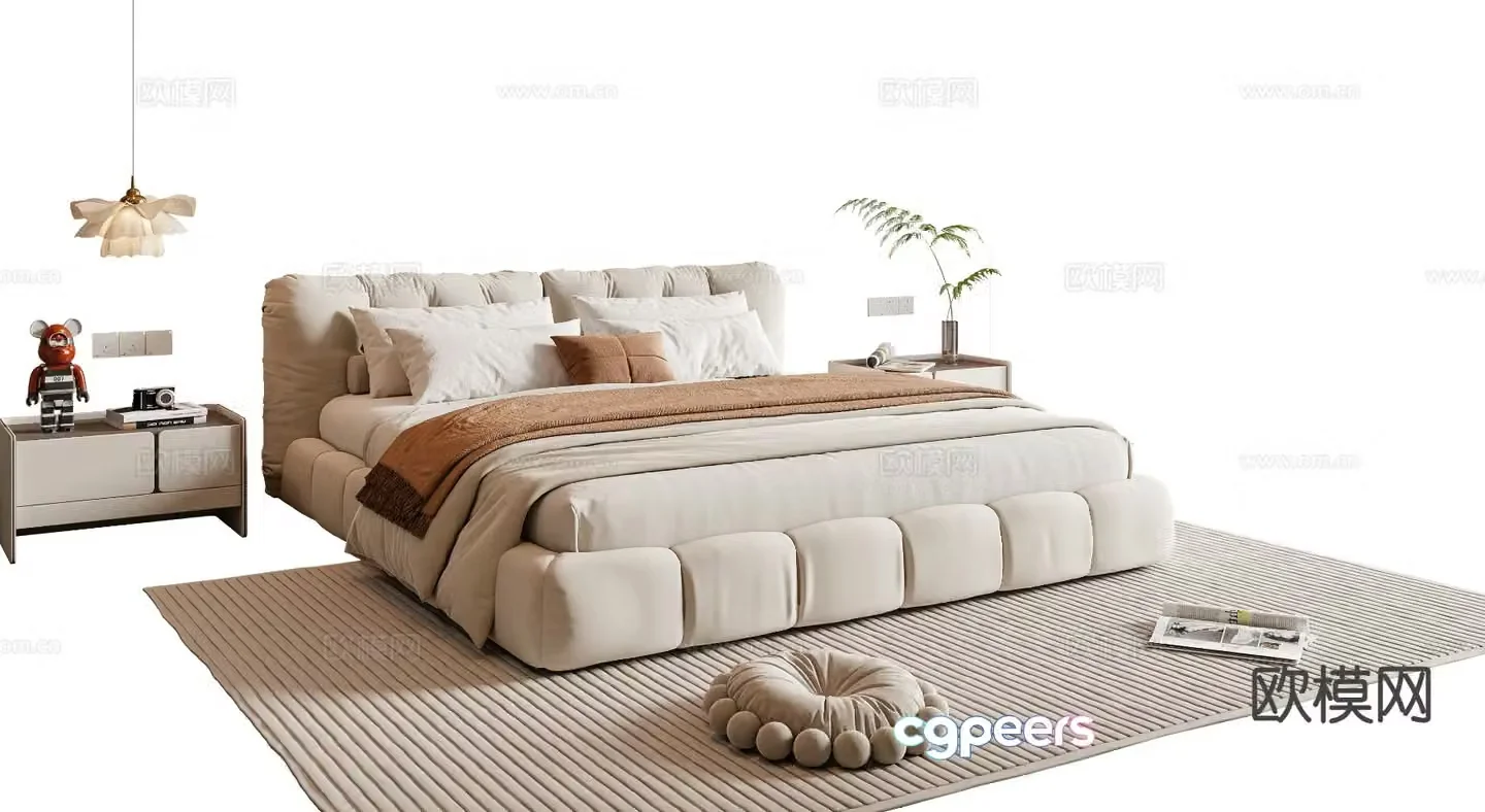 Cream style double bed 3d model