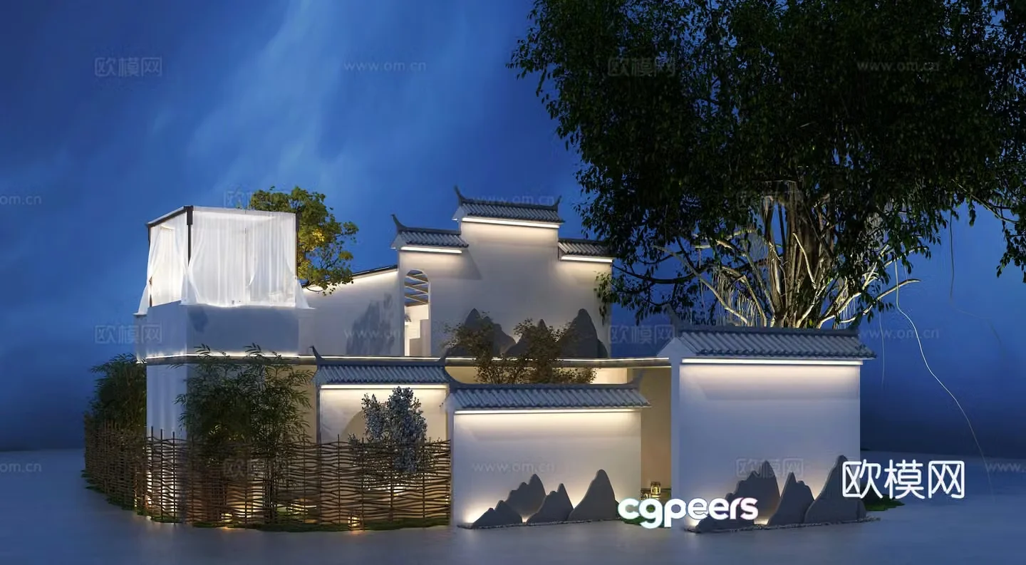 New Chinese style tea room exterior famous house wall tile roof 3D model