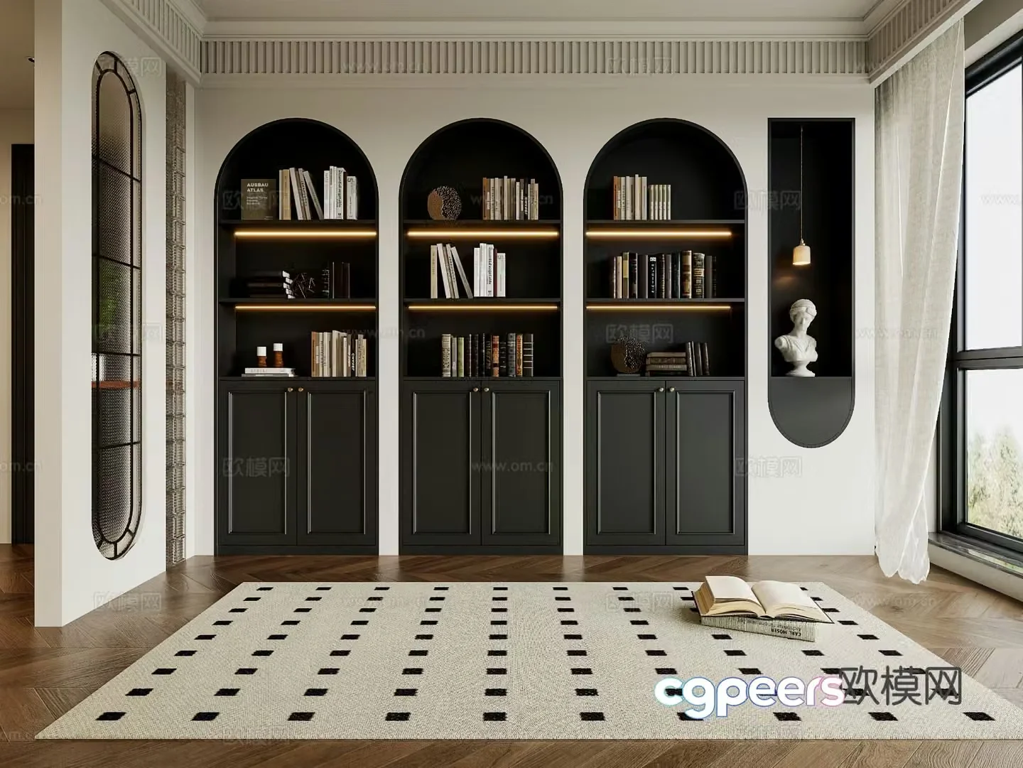 French retro bookcase retro glass partition wall arc bookcase wall study bookcase living room bookcase 3d model