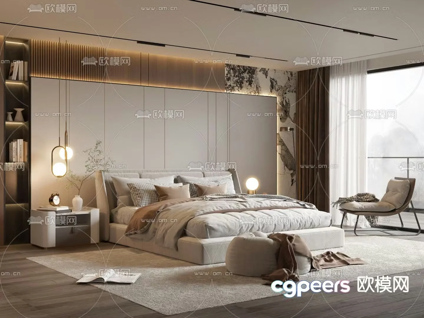 Modern double bed bedroom 3d model