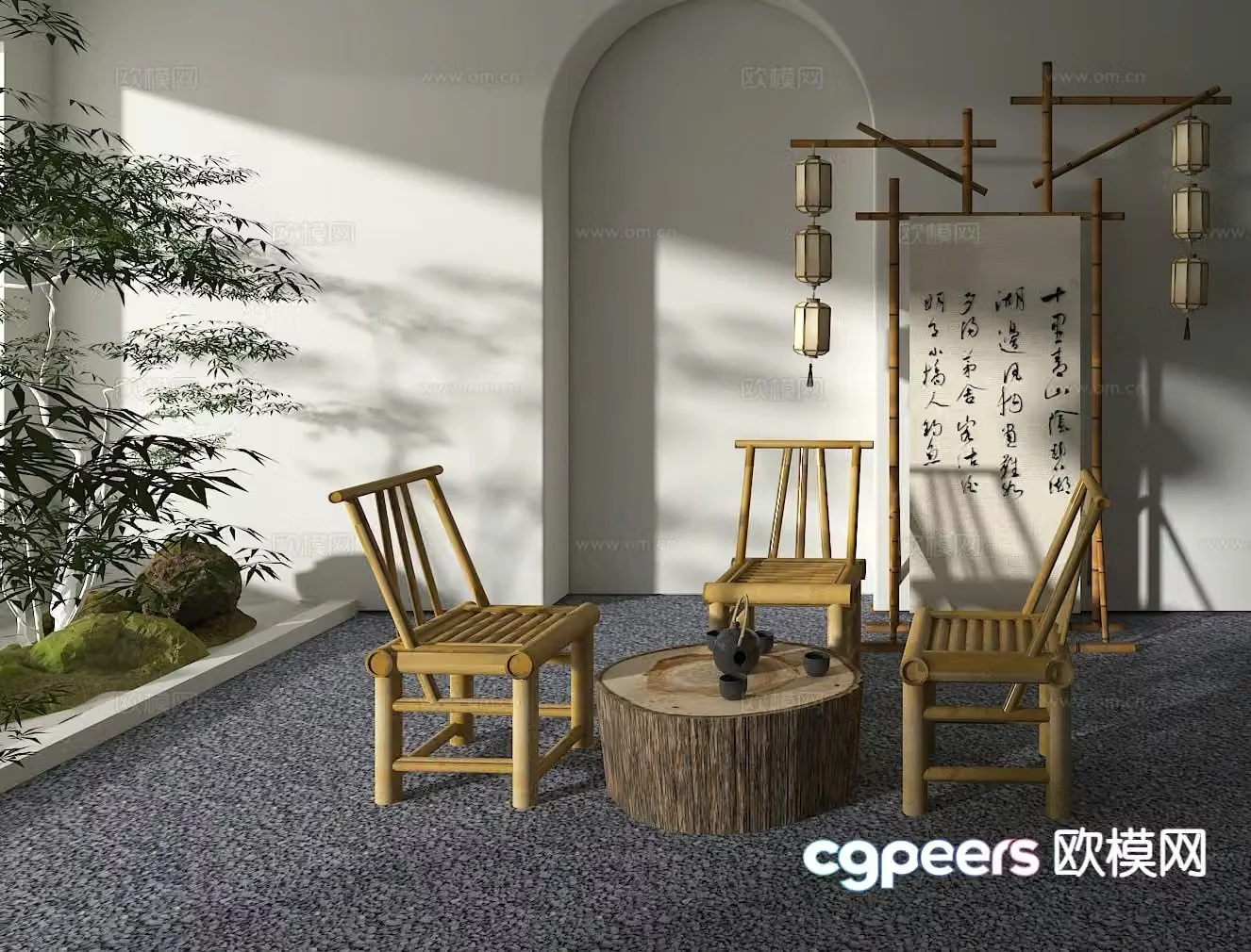 Chinese tea tables and chairs outdoor tables and chairs leisure tables and chairs bamboo chairs bamboo row tables 3D model