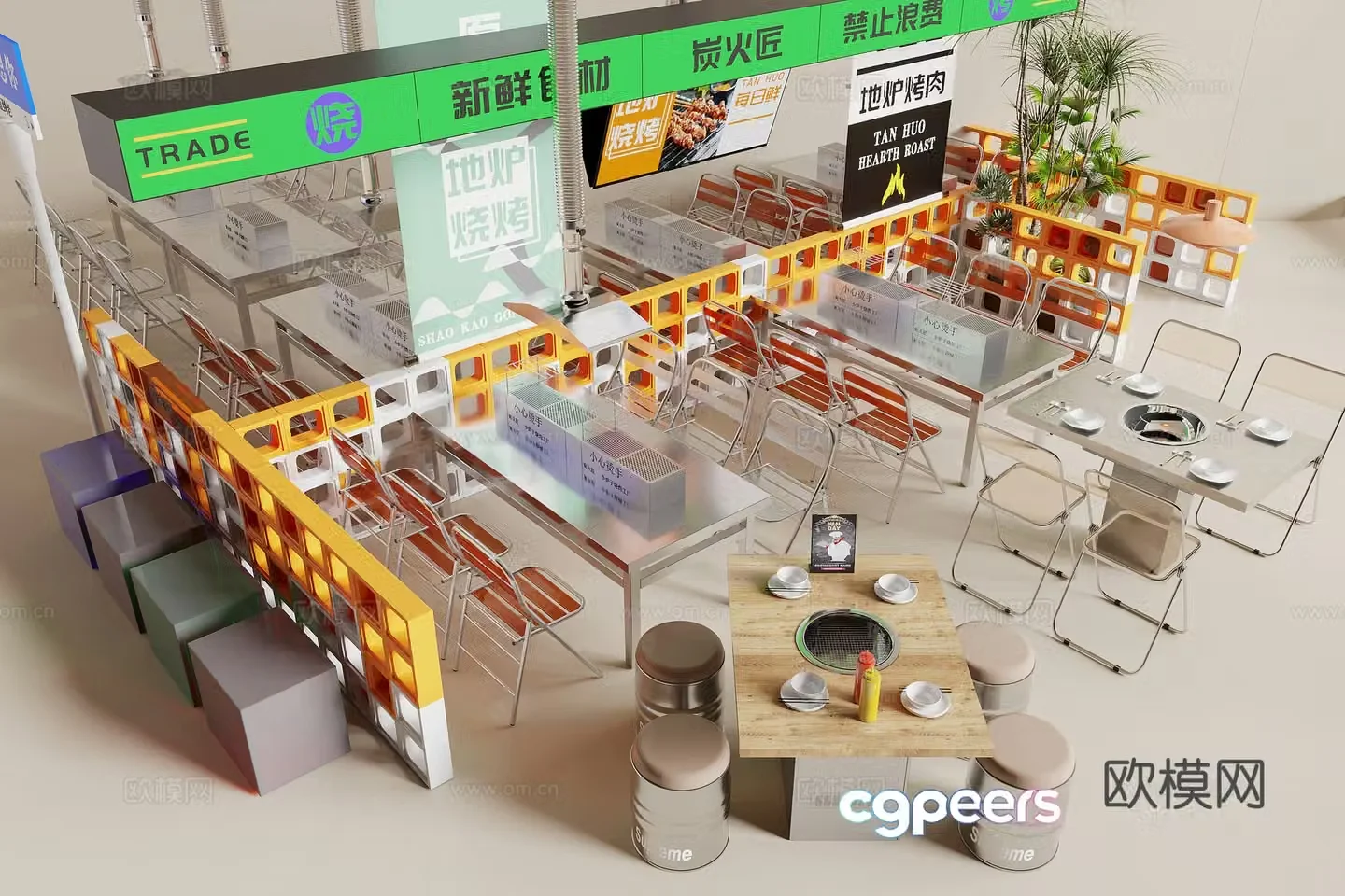 Industrial style barbecue restaurant dining table and chairs 3D model