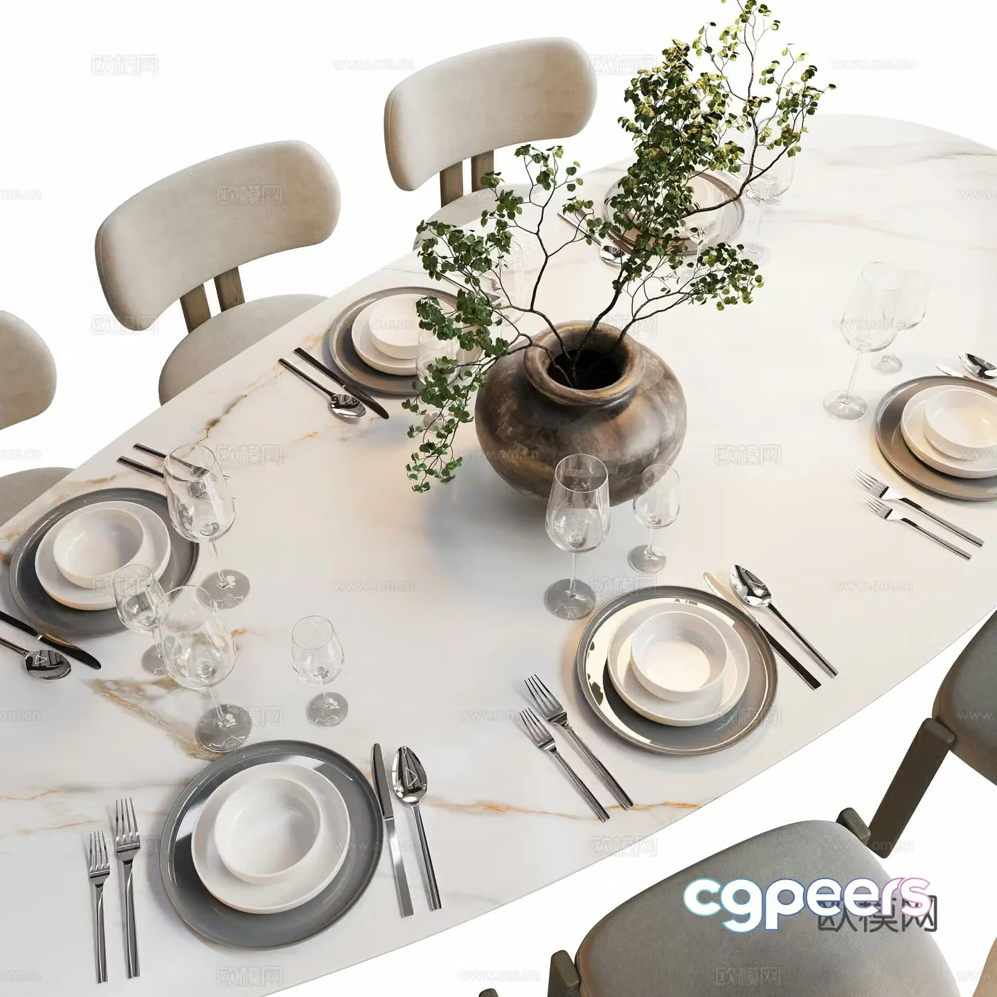 Modern cream style dining table and chair combination 3D model