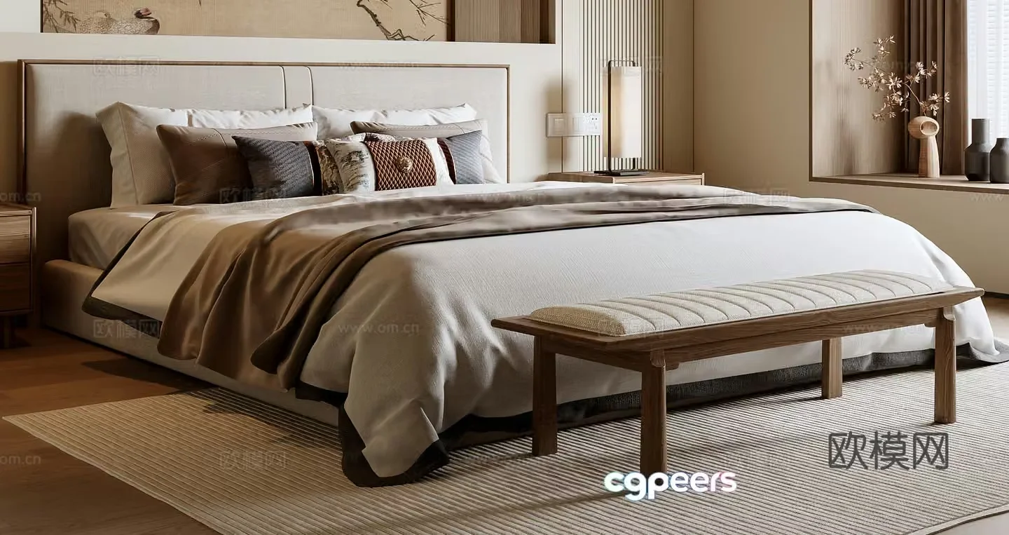 New Chinese style double bed 3D model