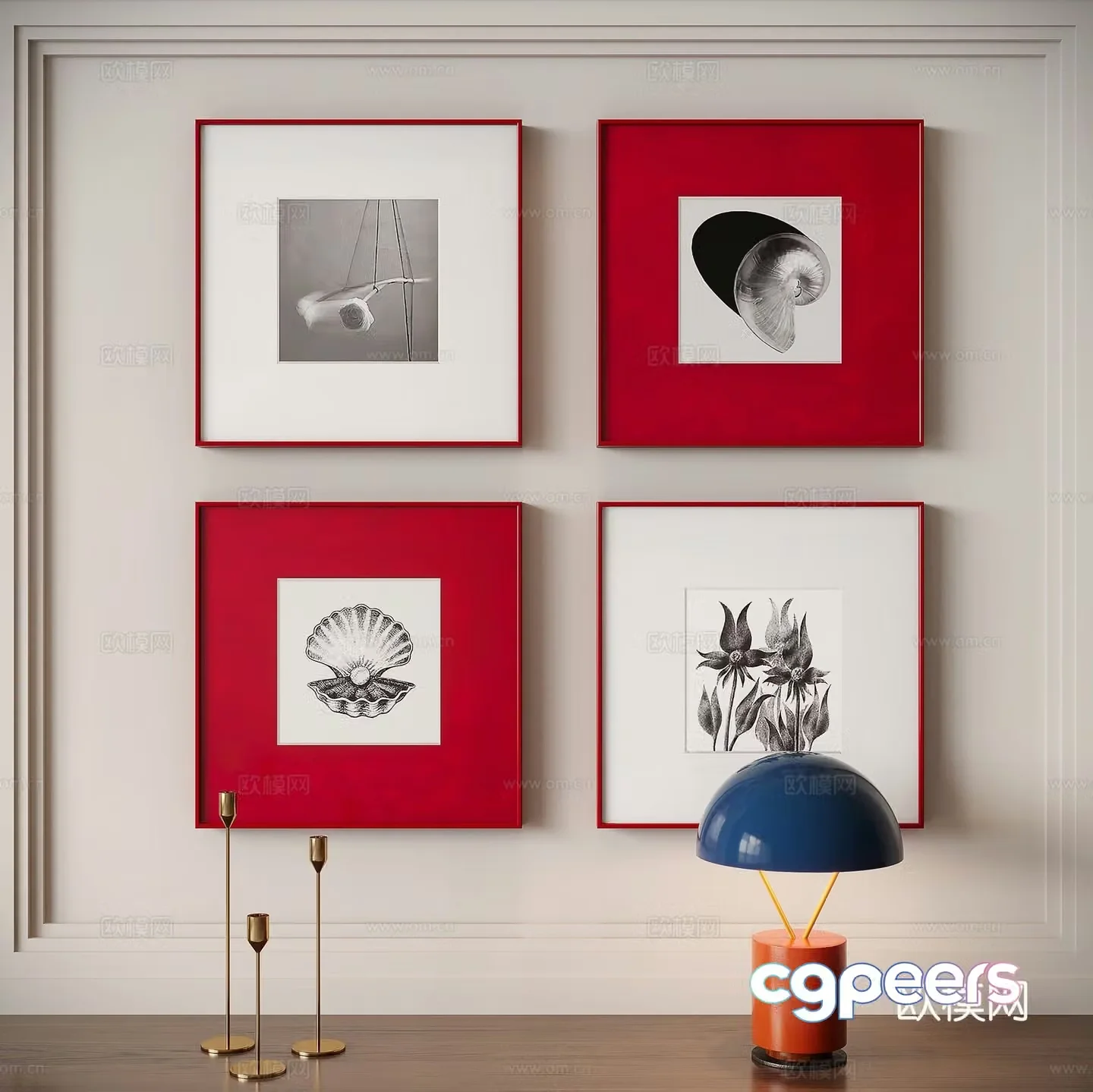 Red minimalist painting decorative painting combined painting 3d model