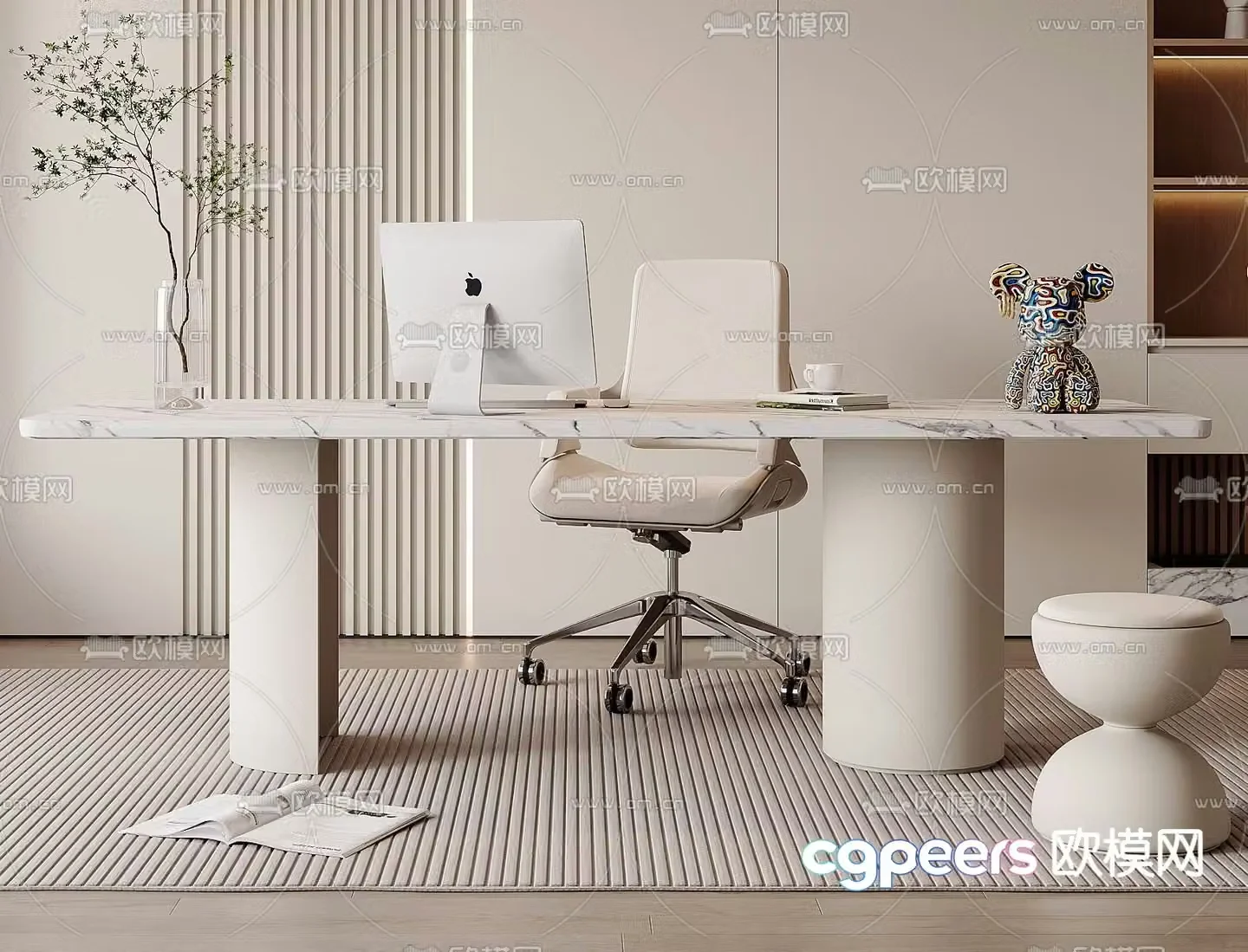 Cream style desk computer desk 3d model